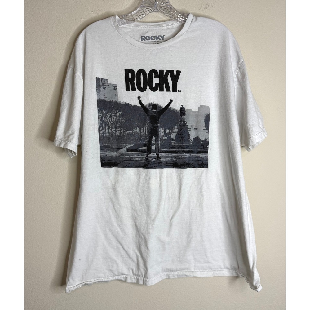 Rocky T-Shirt Mens XL White Balboa Graphic Movie Promo Short Sleeve Tee FLAW